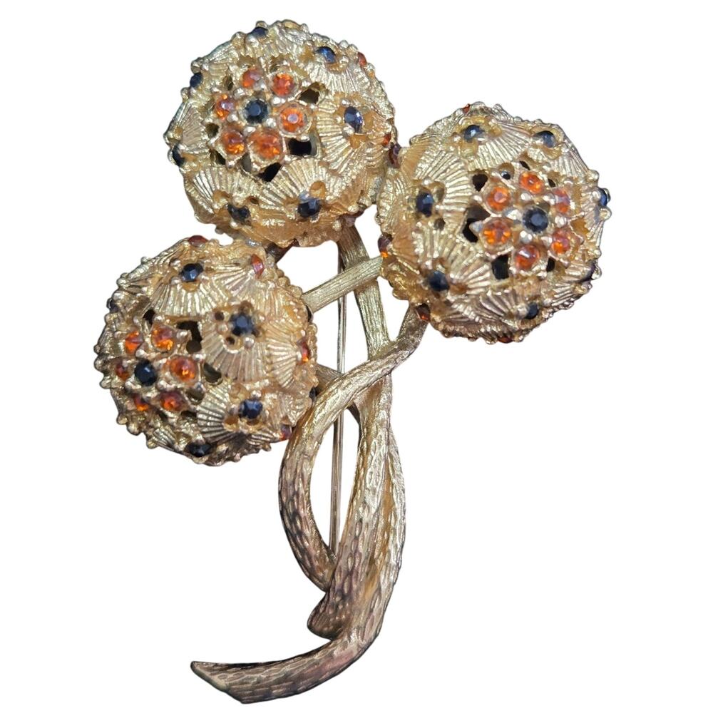 Rare Vintage Flower Buds Brooch 1960s Goldtone Orange and Black Rhinestones